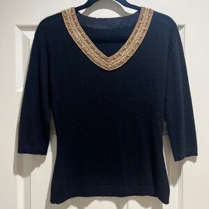 Women's Black V-neck 3/4 sleeve Cashmere Sweater